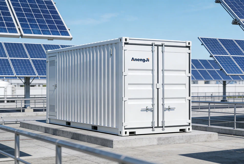AnengJi containerized energy storage system installed in an industrial facility for peak shaving.