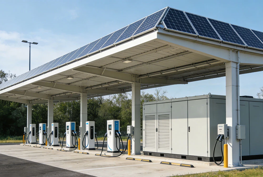 Integrated EV charging infrastructure featuring a DC fast charging station paired with a Battery Energy Storage System (BESS) for peak shaving.