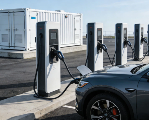 A commercial EV charging energy storage system integrated with DC fast chargers at a highway rest stop.