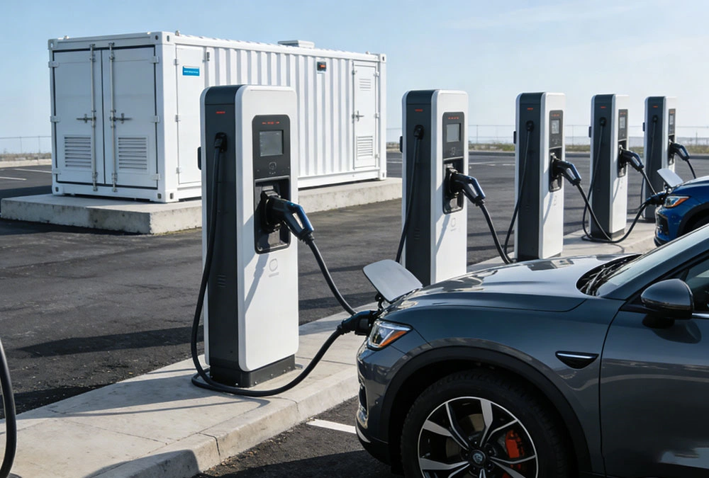 A commercial EV charging energy storage system integrated with DC fast chargers at a highway rest stop.