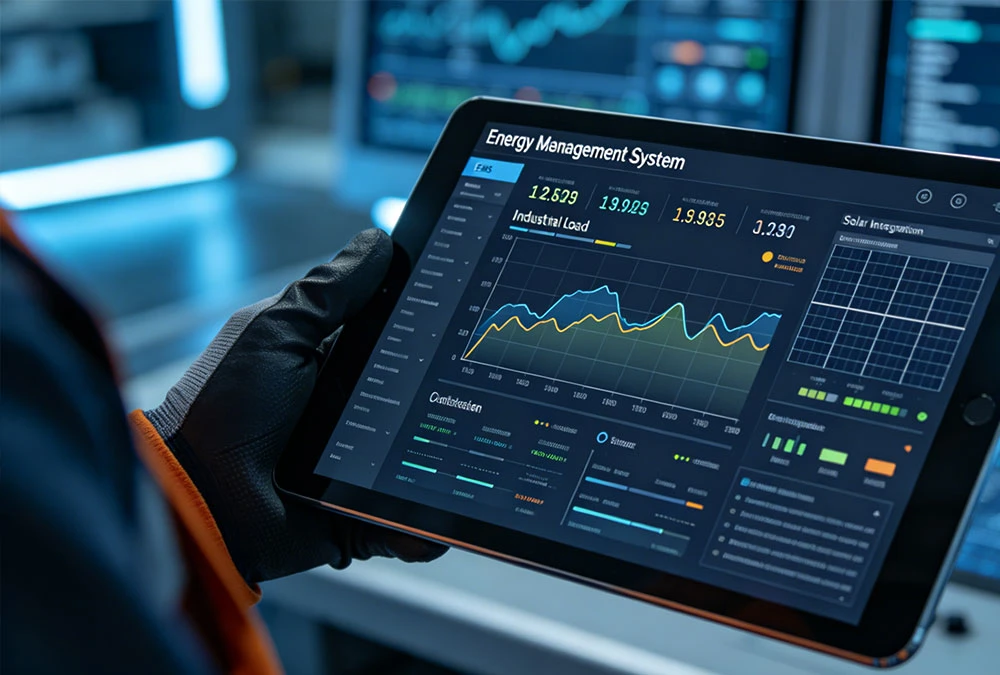 Intelligent EMS dashboard monitoring factory energy consumption and BESS discharge for peak shaving.