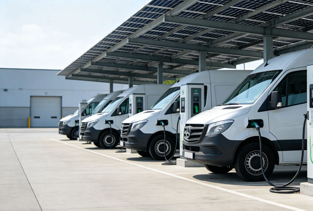Multiple DC EV chargers in a logistics depot optimized for fast charging time and vehicle throughput.