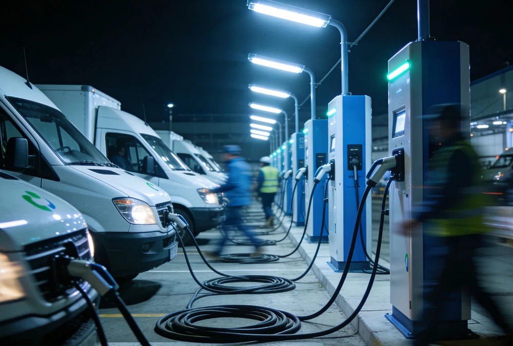 Professional fleet charging depot for electric trucks and delivery vans using high-output DC fast charging stations.
