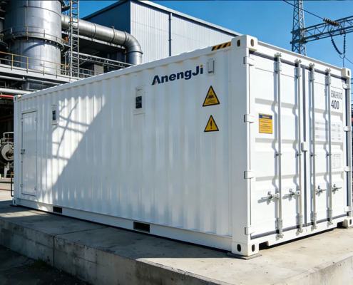 A large-scale containerized industrial battery energy storage system (BESS) installed at a manufacturing plant to reduce commercial energy storage system cost.