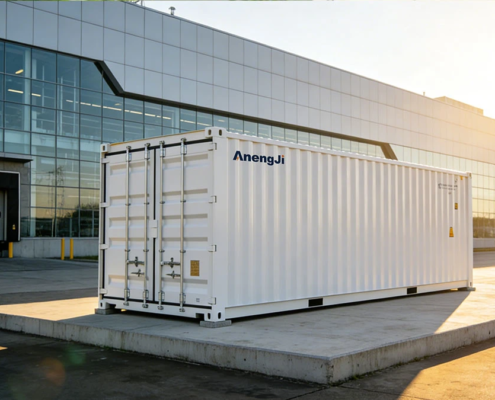 A large-scale BESS for industrial manufacturing installed at a modern factory to manage peak load.