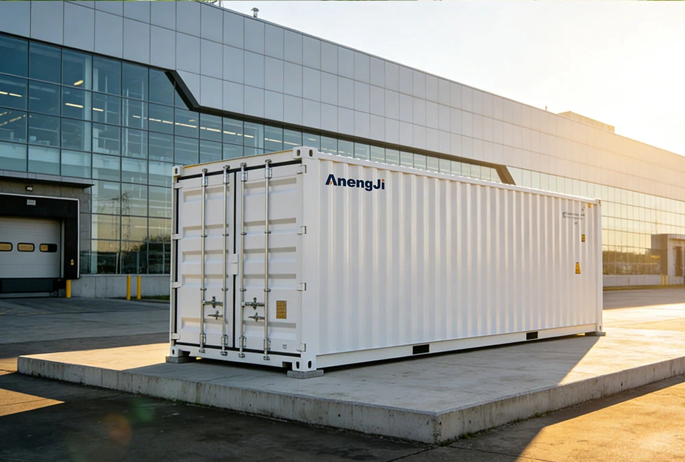 A large-scale BESS for industrial manufacturing installed at a modern factory to manage peak load.