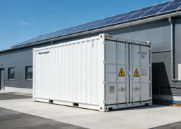 An industrial solar battery storage solution featuring a 20ft containerized BESS installed next to a factory warehouse.