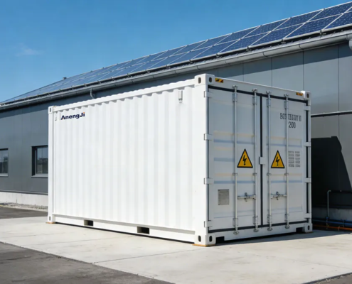 An industrial solar battery storage solution featuring a 20ft containerized BESS installed next to a factory warehouse.