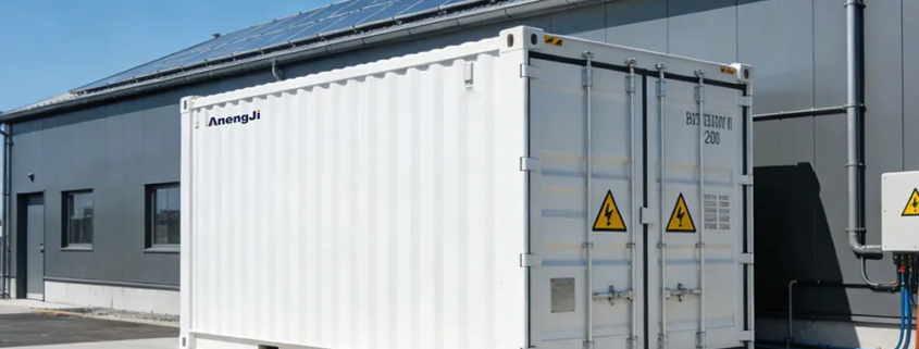 An industrial solar battery storage solution featuring a 20ft containerized BESS installed next to a factory warehouse.