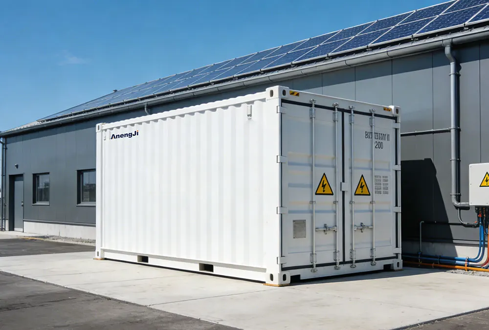 An industrial solar battery storage solution featuring a 20ft containerized BESS installed next to a factory warehouse.