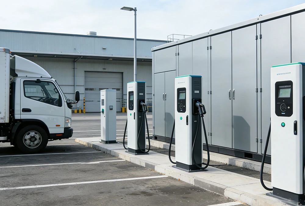 Commercial battery energy storage and EV charging integration hub for factory fleet electrification.