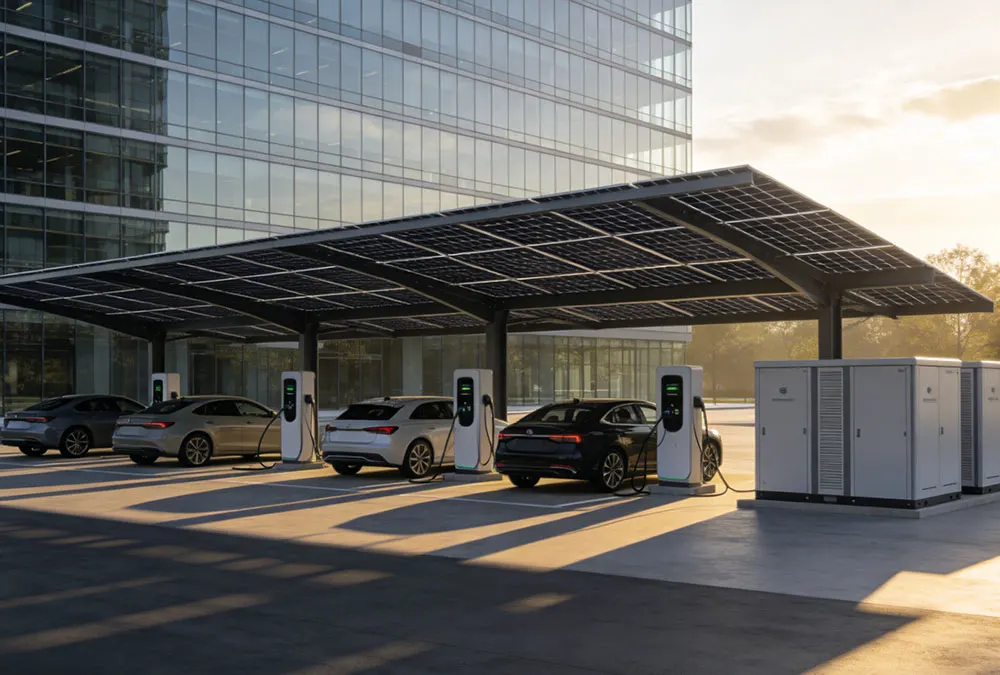 Solar battery storage system for commercial buildings integrated with solar carports and EV charging infrastructure.