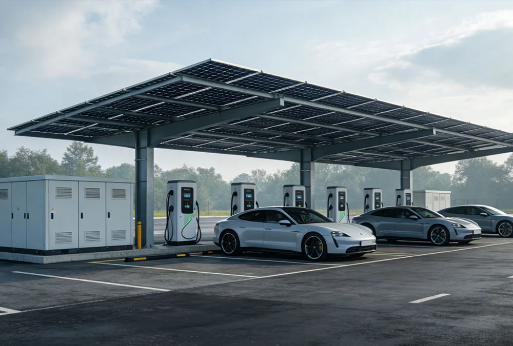 Solar plus energy storage system integrated with high-speed EV charging infrastructure for factories.