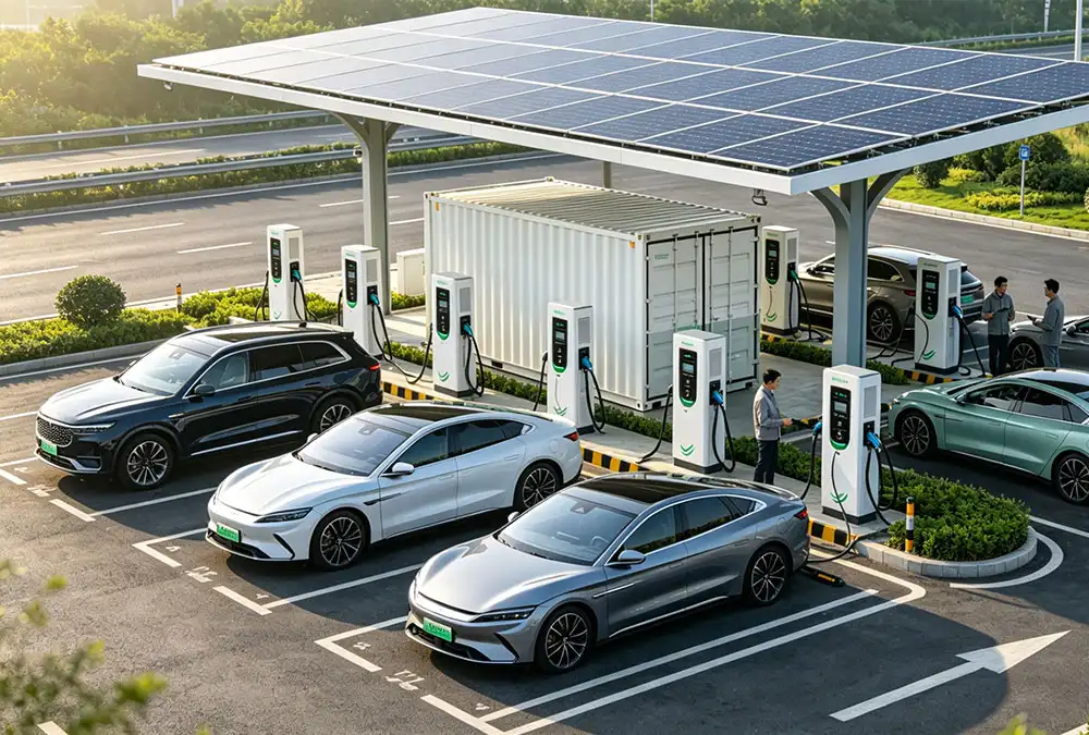 AnengJi integrated solution showing commercial solar battery storage system cost optimized for EV charging infrastructure.