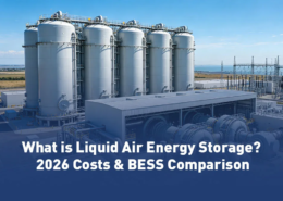 A massive grid-scale liquid air energy storage facility featuring cryogenic tanks and expansion turbines for long duration energy storage.