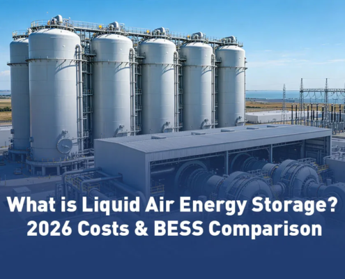 A massive grid-scale liquid air energy storage facility featuring cryogenic tanks and expansion turbines for long duration energy storage.