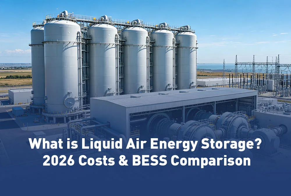 A massive grid-scale liquid air energy storage facility featuring cryogenic tanks and expansion turbines for long duration energy storage.