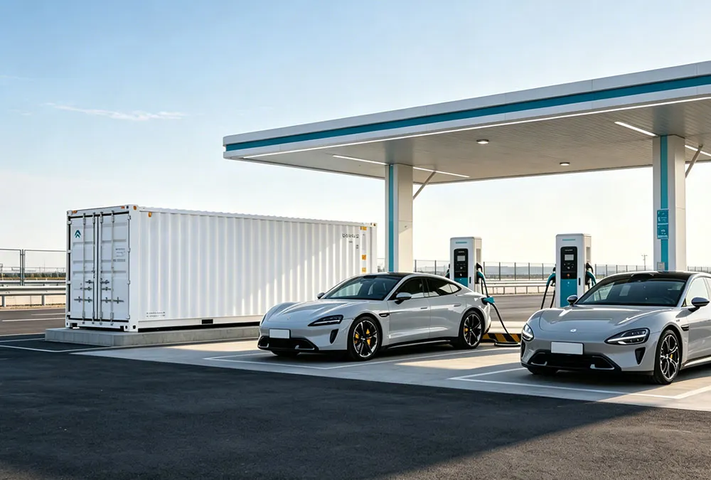 Integrated battery energy storage farm supporting high-power EV charging infrastructure at a highway station.
