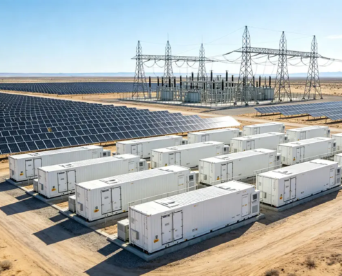 A utility-scale solar plus storage project demonstrating the advantages of battery energy storage system for grid stability and renewable integration in a desert environment.