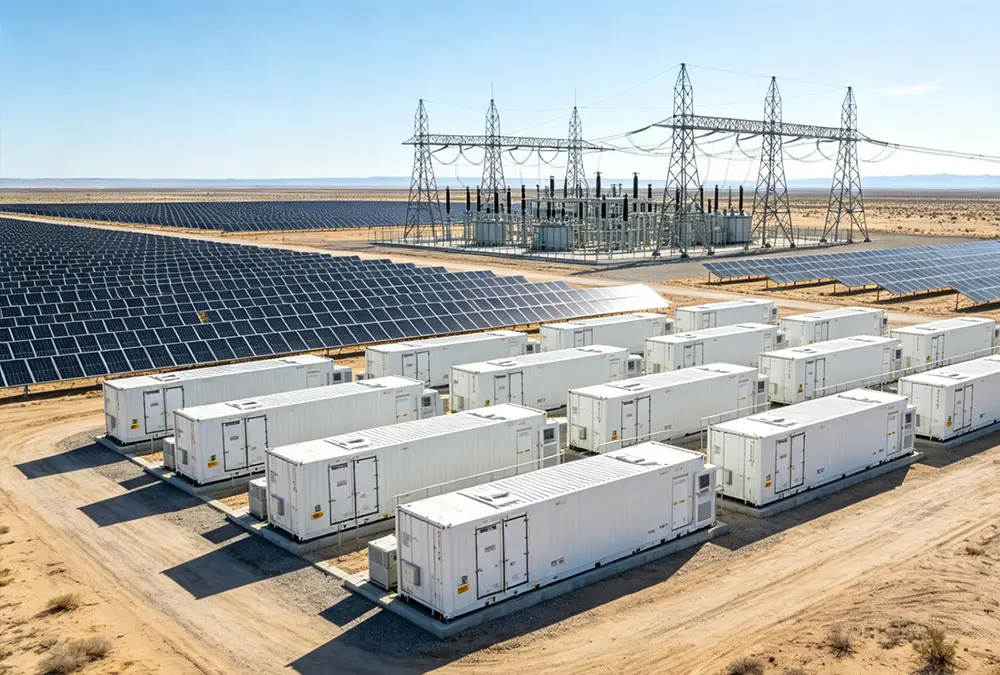 A utility-scale solar plus storage project demonstrating the advantages of battery energy storage system for grid stability and renewable integration in a desert environment.