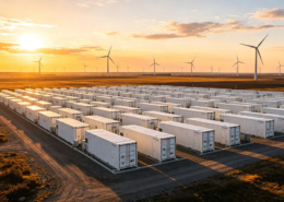 A large-scale battery farming energy storage system for grid stability featuring modular BESS containers.