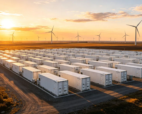 A large-scale battery farming energy storage system for grid stability featuring modular BESS containers.