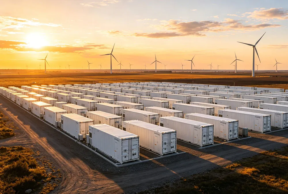 A large-scale battery farming energy storage system for grid stability featuring modular BESS containers.