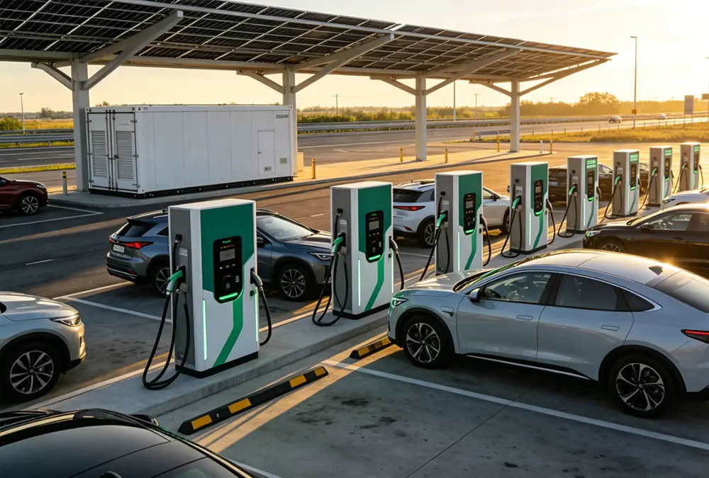 A modern highway EV charging hub using commercial energy storage solutions to support high-power DC fast charging, illustrating the benefits of battery energy storage system for commercial buildings.