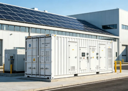 A large-scale commercial solar battery storage system installed at an industrial facility to optimize electricity costs.