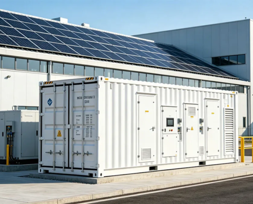 A large-scale commercial solar battery storage system installed at an industrial facility to optimize electricity costs.