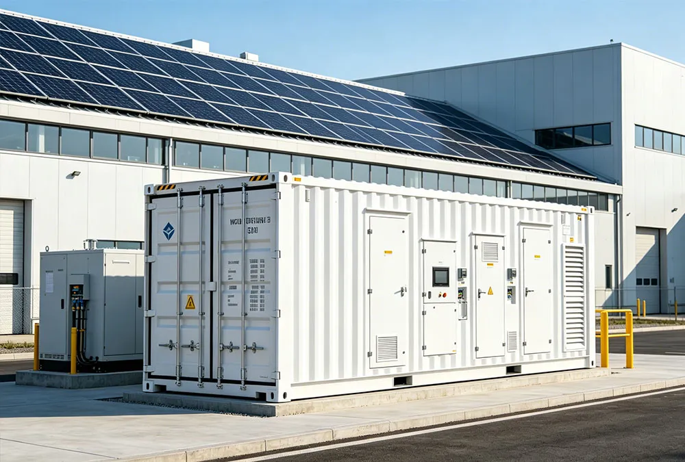 A large-scale commercial solar battery storage system installed at an industrial facility to optimize electricity costs.