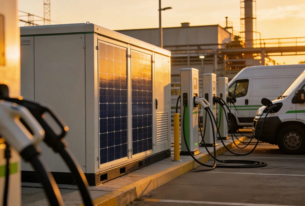 Integrated commercial solar battery storage system for factories providing power to high-speed EV charging infrastructure.