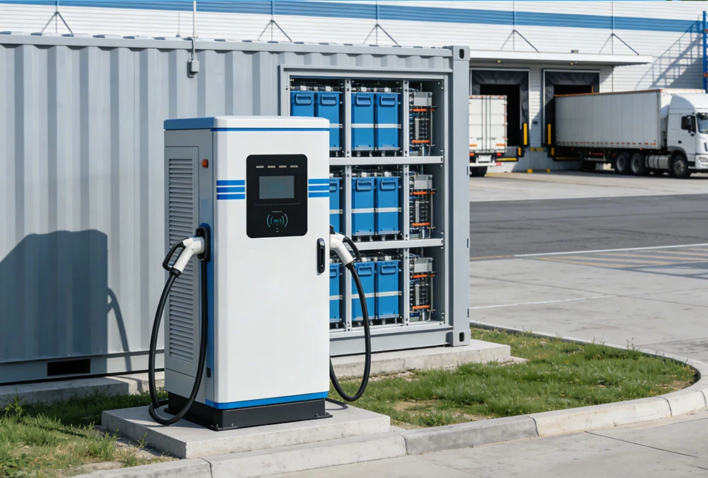 Containerized battery energy storage system for industrial use supporting high-power EV charging stations.