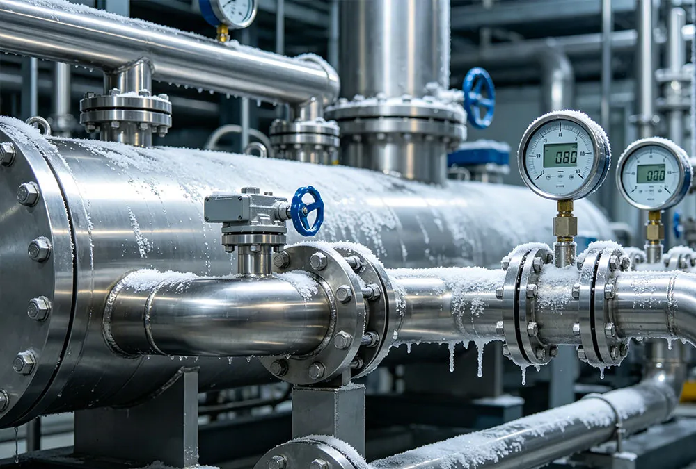 Detailed engineering view of a cryogenic energy storage system showing high-pressure piping and thermal integration for long duration energy storage.