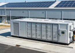 A large-scale battery energy storage system (BESS) installed at an industrial manufacturing plant for peak shaving.