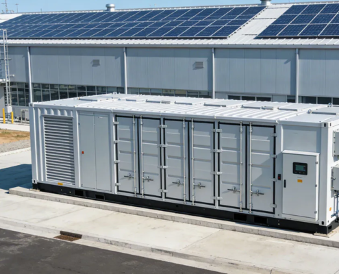 A large-scale battery energy storage system (BESS) installed at an industrial manufacturing plant for peak shaving.