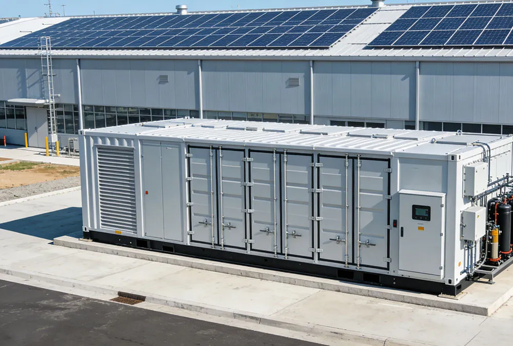 A large-scale battery energy storage system (BESS) installed at an industrial manufacturing plant for peak shaving.
