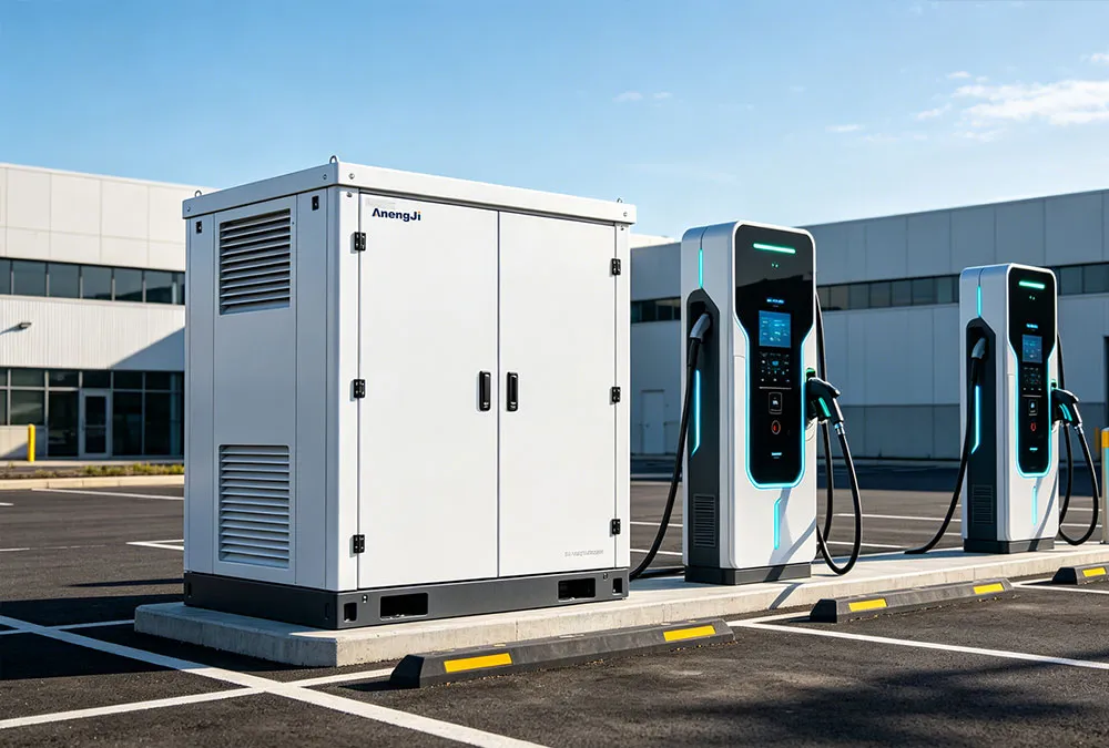 Industrial energy storage for ev charging cabinet integrated with DC fast chargers.