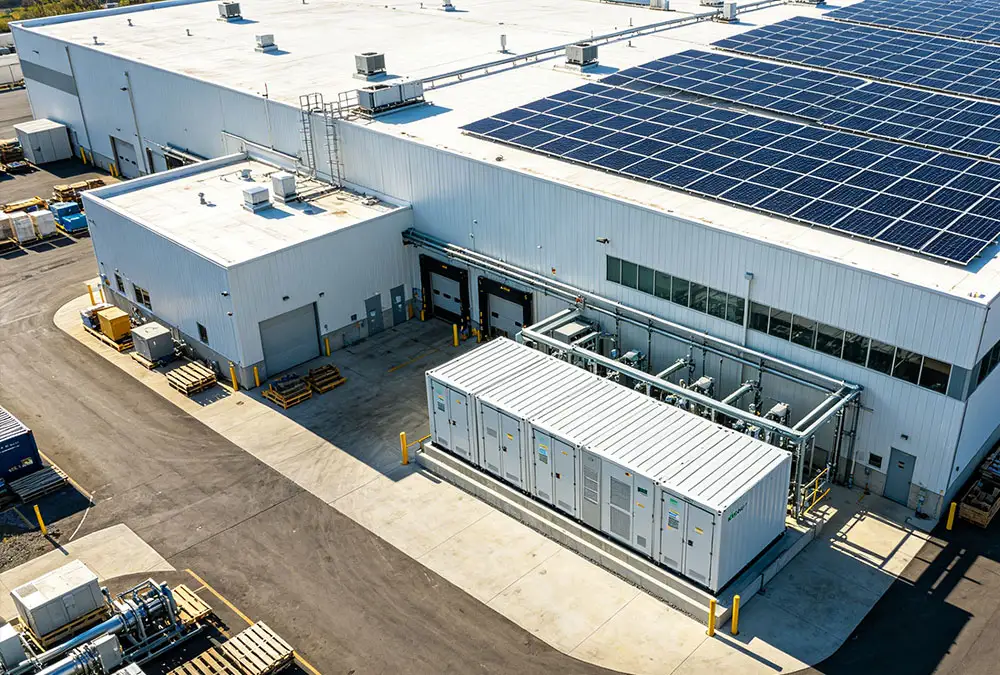 A large-scale industrial facility utilizing a megawatt power energy storage system to manage industrial electricity consumption MW levels.