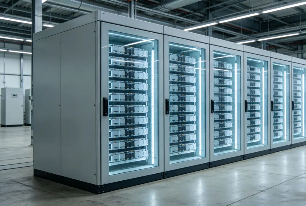Modular integrated battery cabinets showing a scalable energy storage design for factory use.