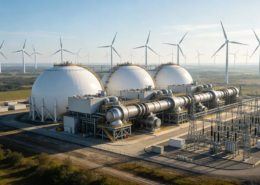 A massive industrial facility demonstrating liquid air energy storage for grid scale integration with a wind farm.