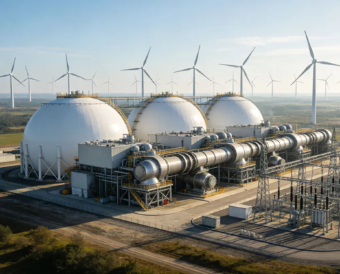 A massive industrial facility demonstrating liquid air energy storage for grid scale integration with a wind farm.