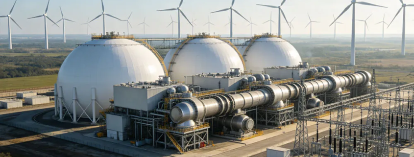 A massive industrial facility demonstrating liquid air energy storage for grid scale integration with a wind farm.