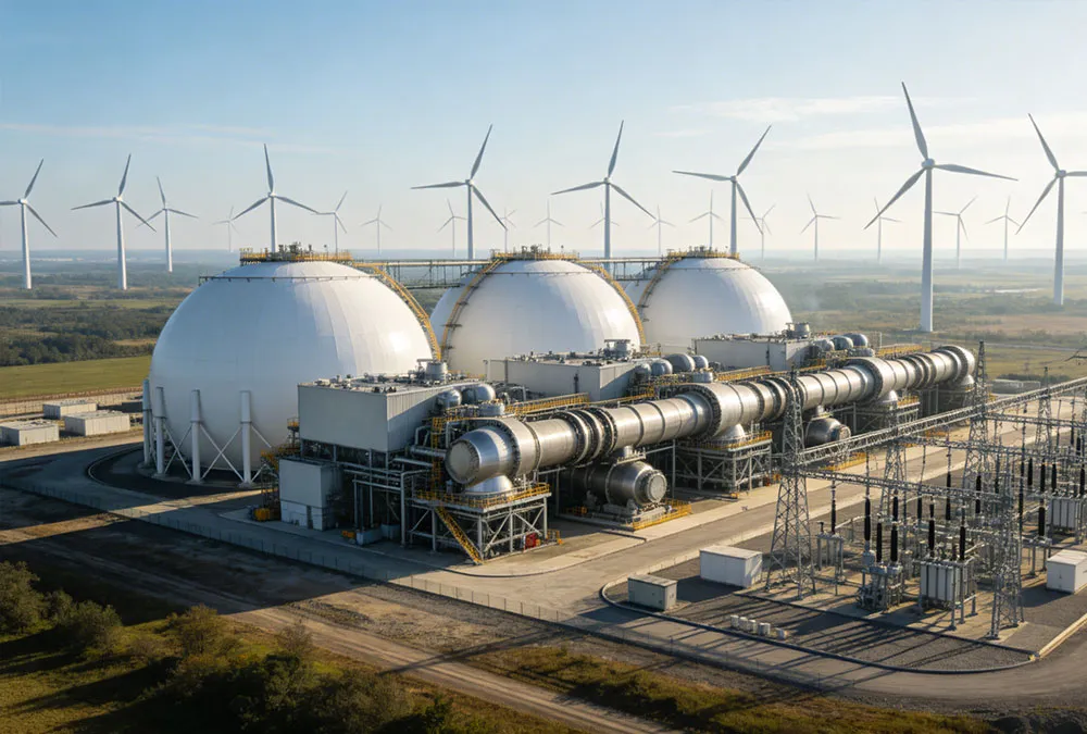 A massive industrial facility demonstrating liquid air energy storage for grid scale integration with a wind farm.