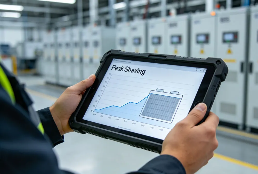 A digital load profile analysis on a tablet showing peak shaving data for industrial manufacturing.