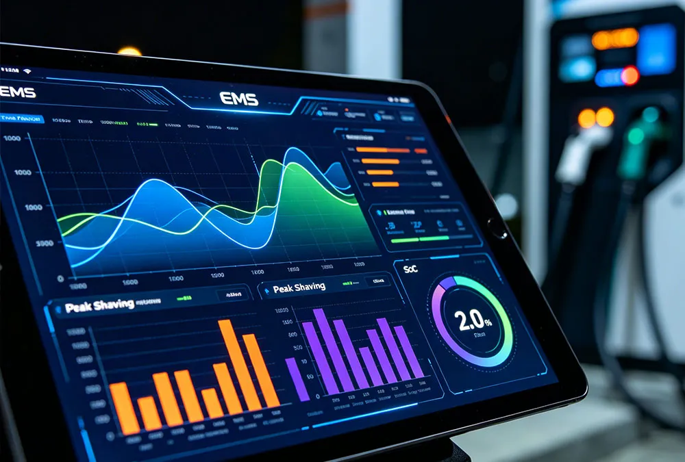 Smart energy management for EV charging dashboard showing peak shaving and energy arbitrage.