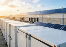 Large-scale solar plus battery storage solution for manufacturing plants in Poland, featuring containerized BESS cabinets and rooftop solar.
