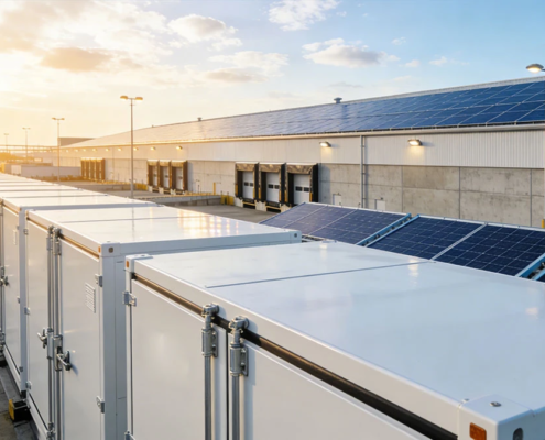 Large-scale solar plus battery storage solution for manufacturing plants in Poland, featuring containerized BESS cabinets and rooftop solar.