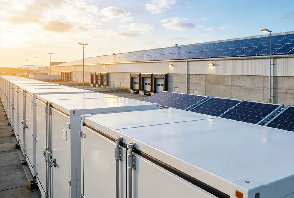 Large-scale solar plus battery storage solution for manufacturing plants in Poland, featuring containerized BESS cabinets and rooftop solar.