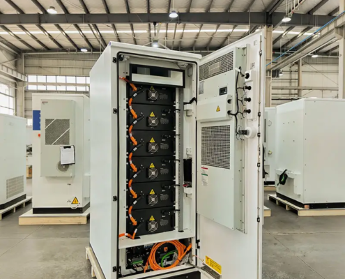 internal structure of 100kWh air-cooled hybrid ESS cabinet showing lithium battery modules, BMS and cooling system design